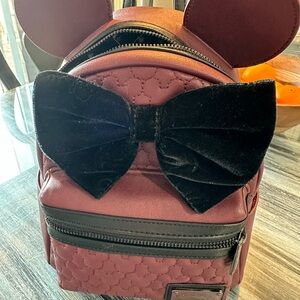 Loungefly Burgundy Disney Backpack with Black Velvet Bow